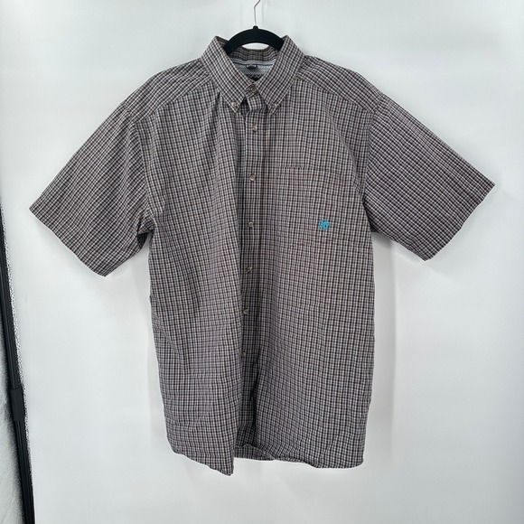 Ariat Pro Series Mens Shirt Large Western Cowboy Brown Blue Plaid Short Sleeve - Picture 1 of 9